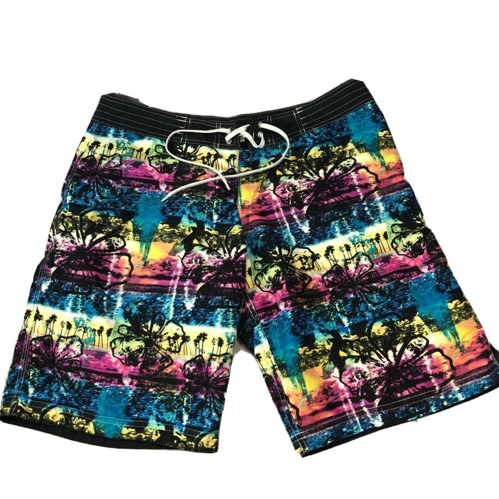 Vintage Miken Size Large Tropical Floral Board Surf Swim Shorts Inside Pocket